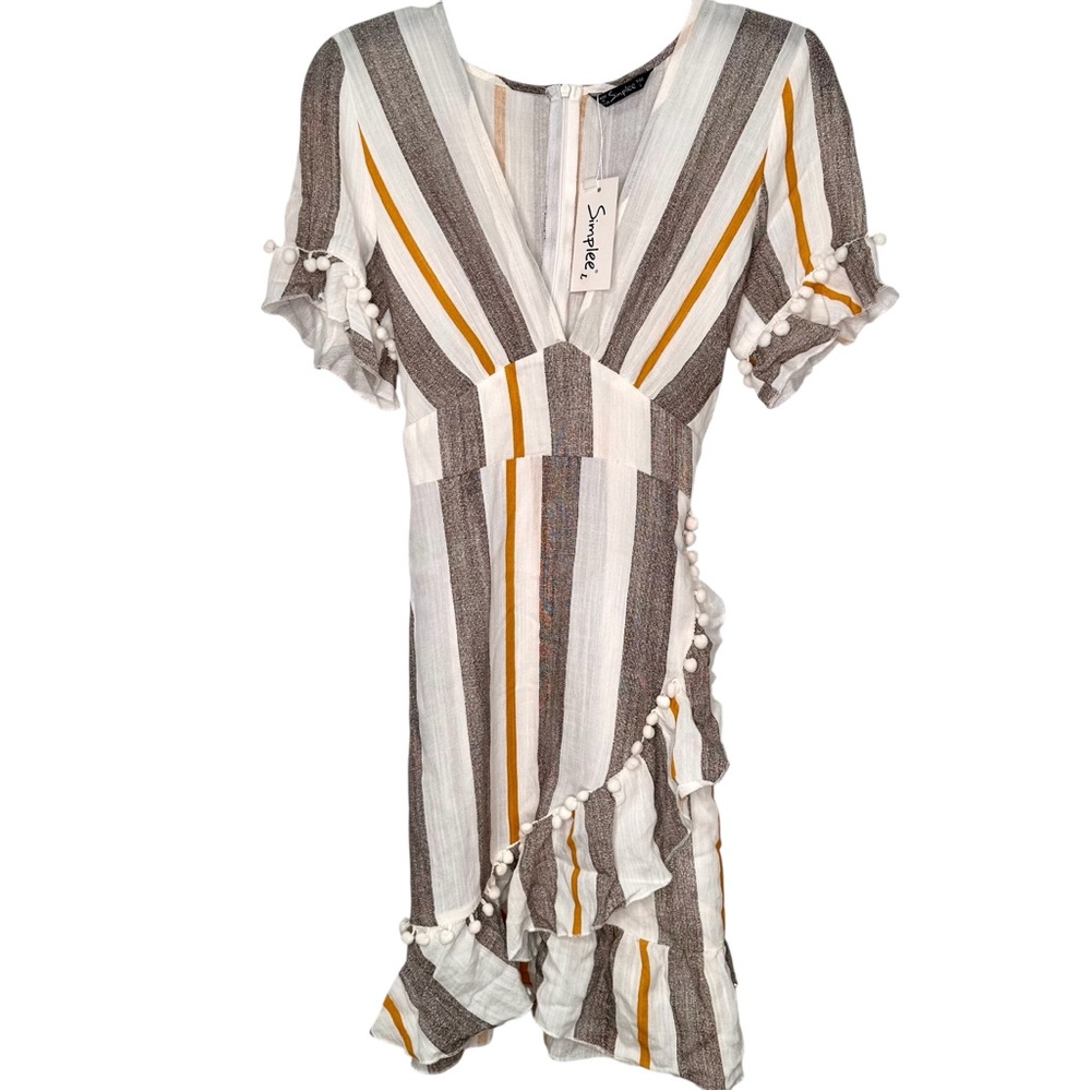 Simplee White Gray and gold ruffled Pom Pom Sundress with Flutter Sleeves